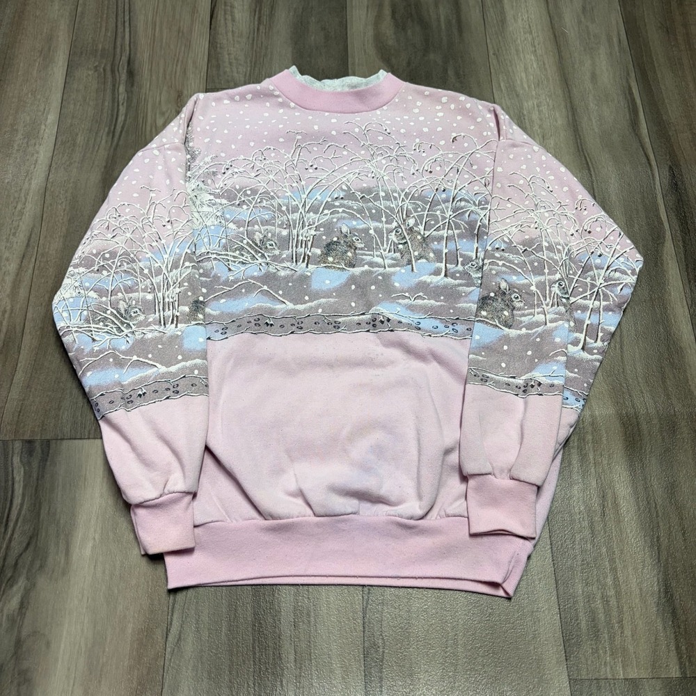 Vintage Artisans Sunschein Designs Pink Rabbit Winter Scene Sweatshirt S-M
